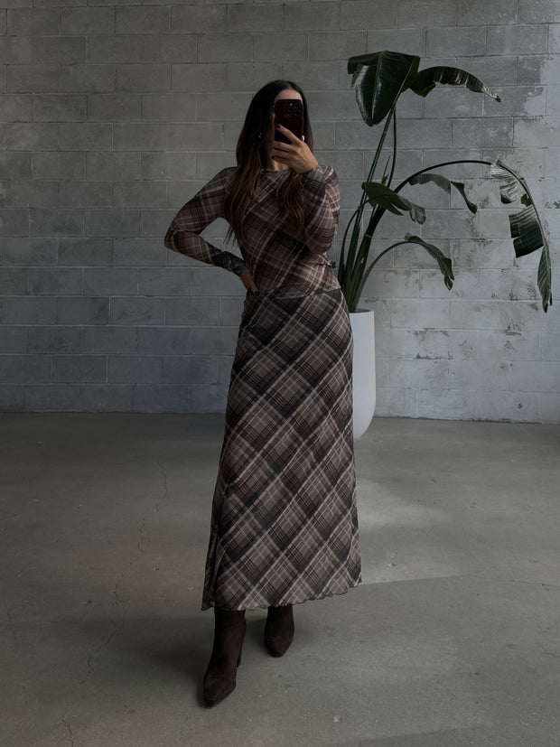 DEX Plaid Mesh Long Sleeve Top