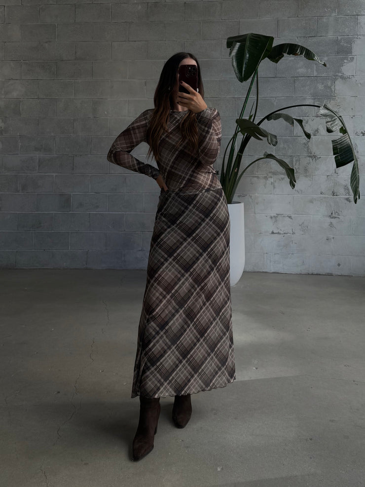 DEX Plaid Mesh Long Sleeve Top