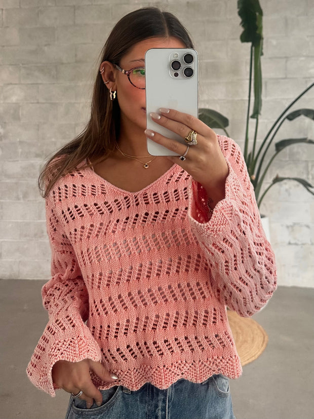 DEX Long Sleeve V-Neck Crochet Sweater