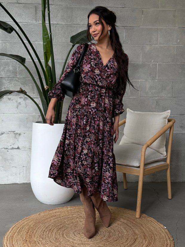 BLACK TAPE Floral Long Sleeve Wrap Midi Dress