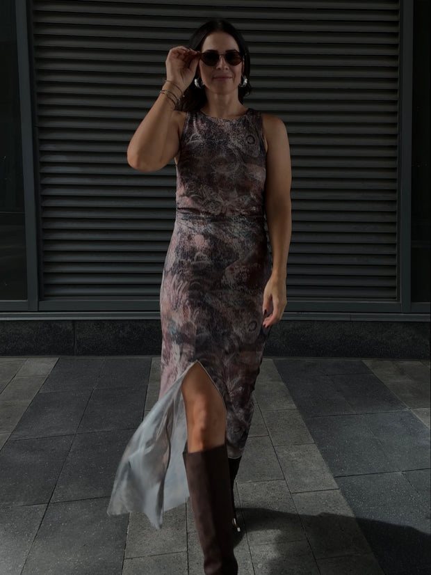 DEX Shirred Mesh Midi Dress
