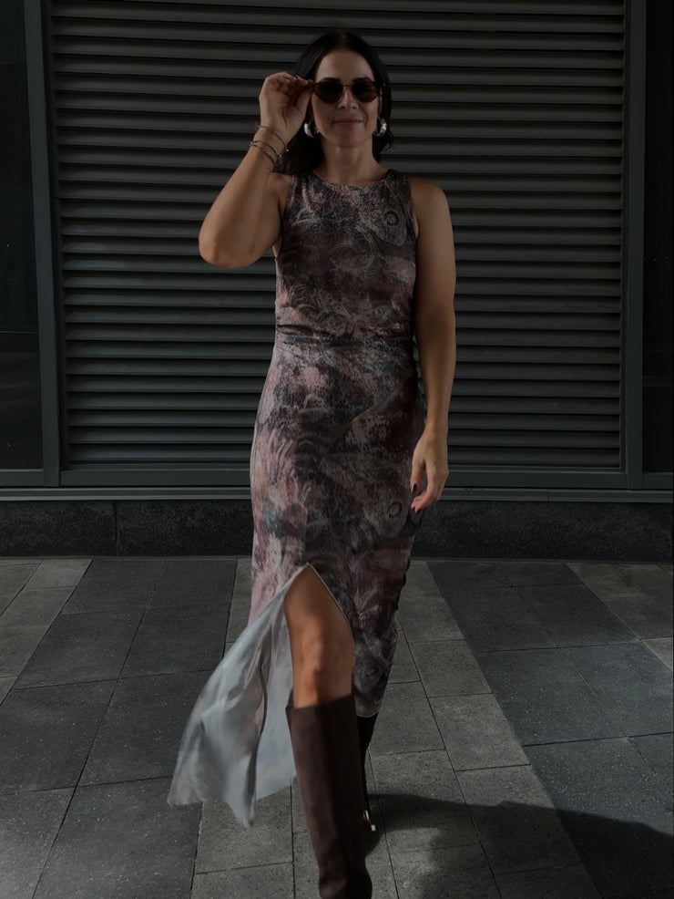 DEX Shirred Mesh Midi Dress