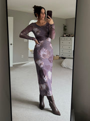 BLACK TAPE Printed Mesh Long Sleeve Maxi Dress