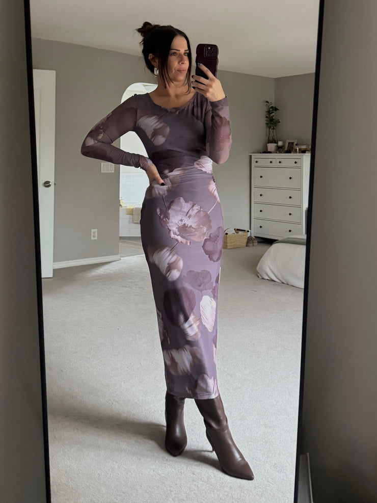 BLACK TAPE Printed Mesh Long Sleeve Maxi Dress