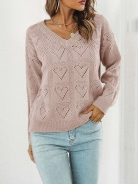 27 Pointelle Heart Knit V-Neck Sweater