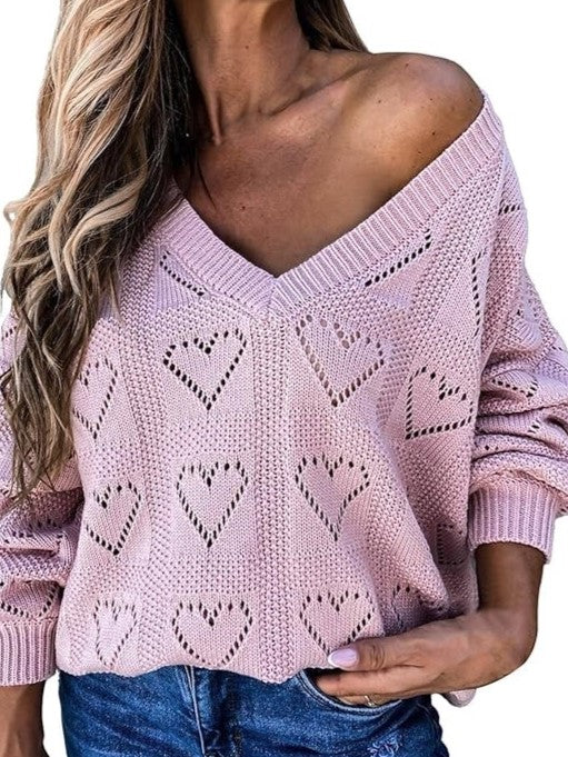 27 Pointelle Heart Knit V-Neck Sweater