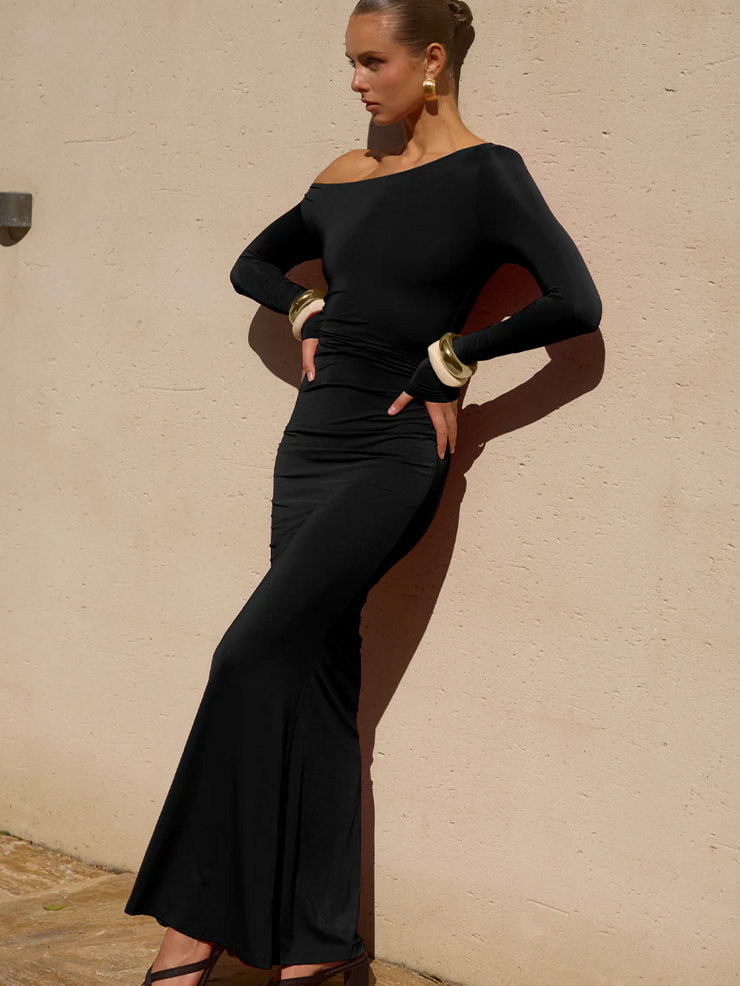 RUNAWAY THE LABEL Vessa Long Sleeve Off Shoulder Maxi Dress