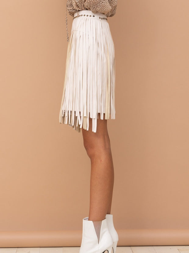 27 Jolene Faux Leather Studded Fringe Mini Skirt