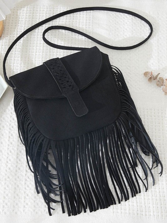 Black Woven Fringe Crossbody Bag