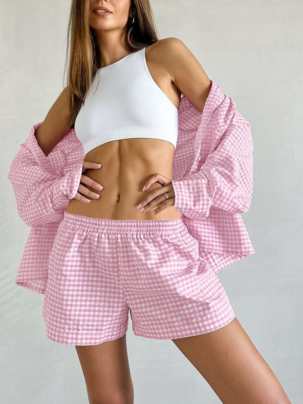 27 Gingham Button Up Top & Elastic Short Set