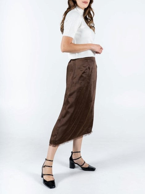 C'EST MOI Lace Trim Satin Skirt