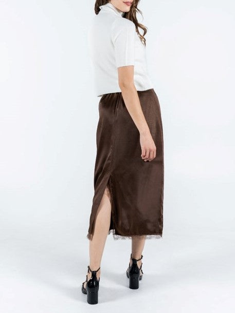 C'EST MOI Lace Trim Satin Skirt