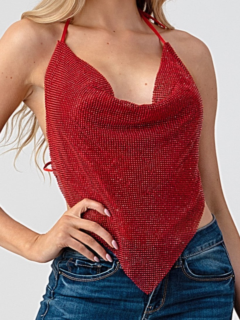 27 Rhinestone Cowl Neck Halter Open Back Top – 27 Boutique
