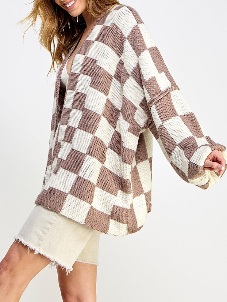 27 Balloon Sleeve Checkered Sweater Cardigan