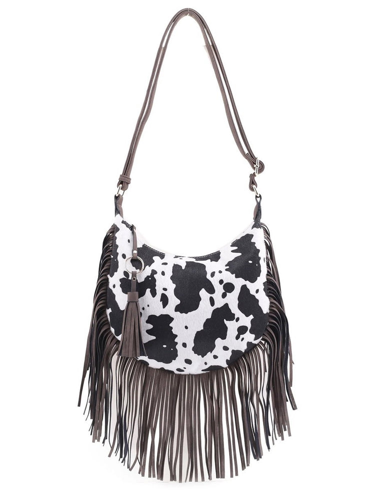 27 Western Cow Print Fringe Crossbody Bag