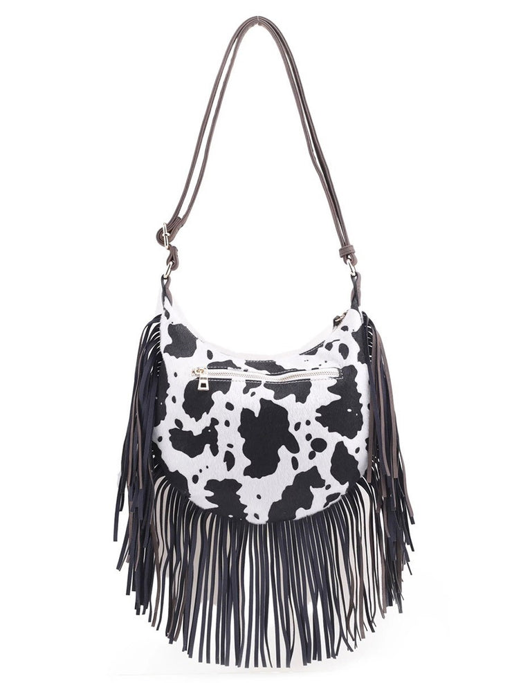 27 Western Cow Print Fringe Crossbody Bag