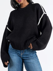 C'EST MOI Embroidered Contrast Thread Knit Sweater