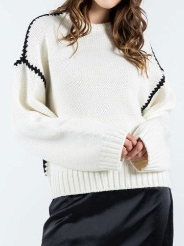 C'EST MOI Embroidered Contrast Thread Knit Sweater