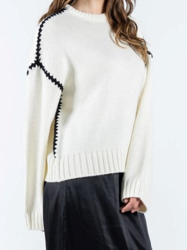 C'EST MOI Embroidered Contrast Thread Knit Sweater