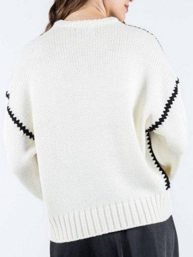 C'EST MOI Embroidered Contrast Thread Knit Sweater