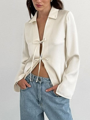 27 Tie Front Cutout Long Sleeve Blouse