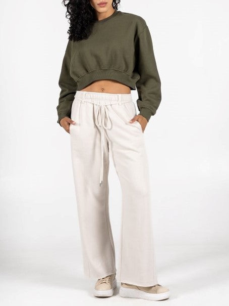 C'EST MOI Fleece Crop Crewneck Sweater and Wide Leg Pant Set