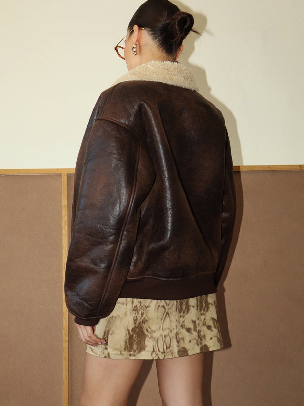 27 Faux Leather Sherpa Lined Bomber Jacket