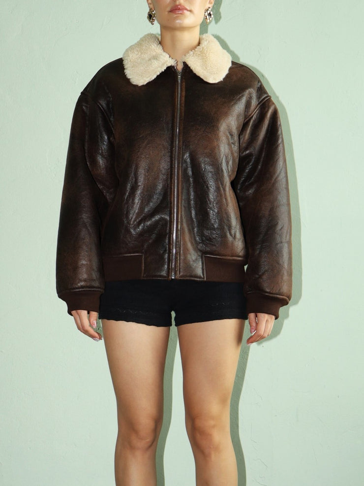 27 Faux Leather Sherpa Lined Bomber Jacket