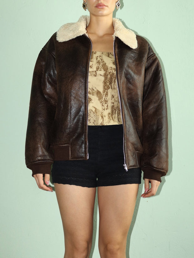 27 Faux Leather Sherpa Lined Bomber Jacket