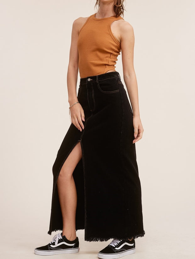 27 Belle Denim Front Split Maxi Skirt