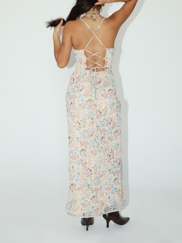 27 Lace Trim Open Back Floral Maxi Dress