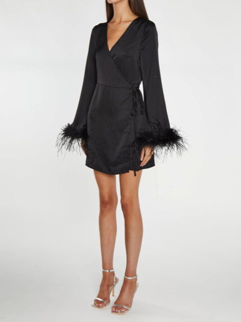 GLAMOROUS Satin Feather Trim Wrap Mini Dress S Black SATIN