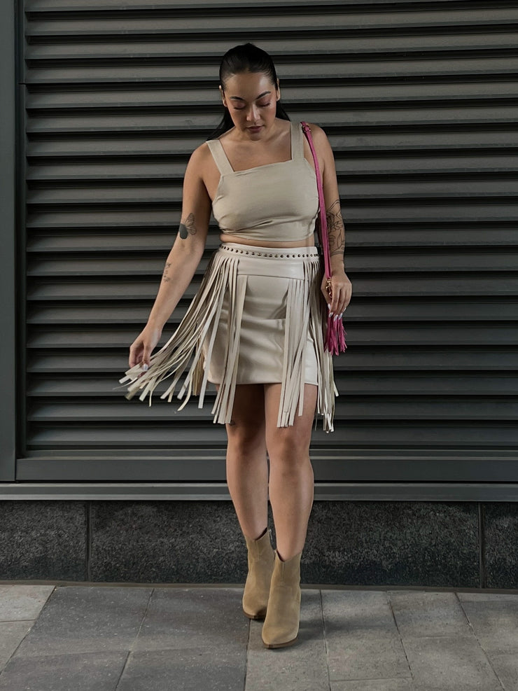 27 Jolene Faux Leather Studded Fringe Mini Skirt