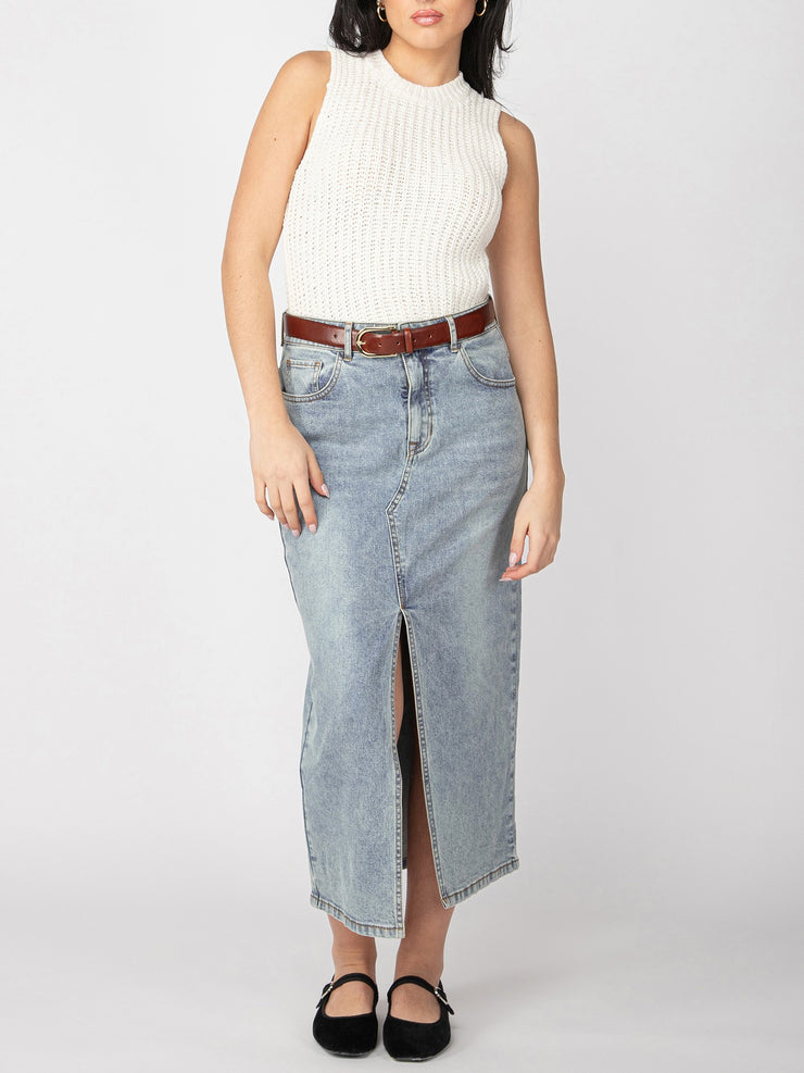 DEX Belted Denim Maxi Skirt