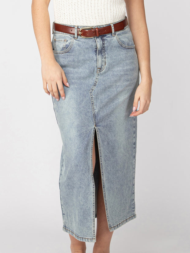 DEX Belted Denim Maxi Skirt