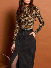 DEX Leopard Mockneck Long Sleeve Top