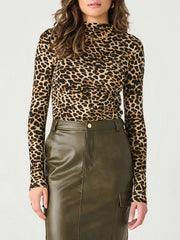 DEX Leopard Mockneck Draped Long Sleeve Top