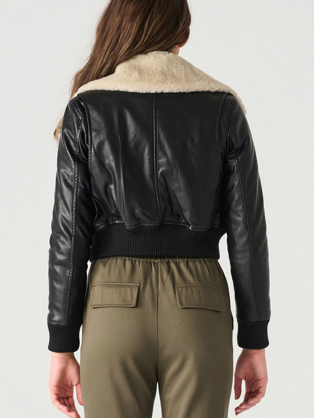 DEX Plush Fur Collar Faux Leather Jacket