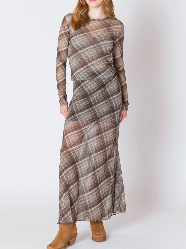 DEX Plaid Mesh Midi Skirt