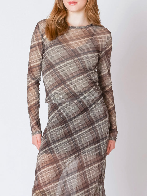 DEX Plaid Mesh Long Sleeve Top