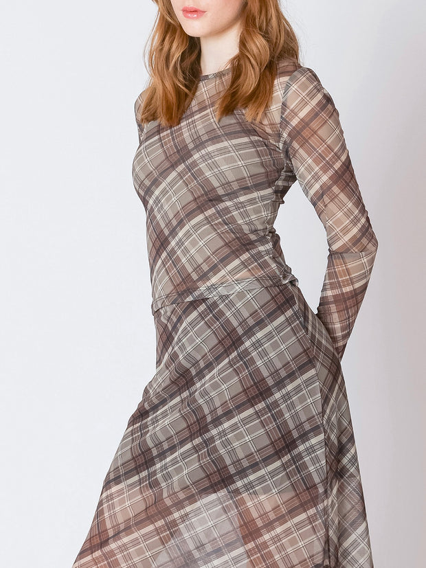 DEX Plaid Mesh Long Sleeve Top