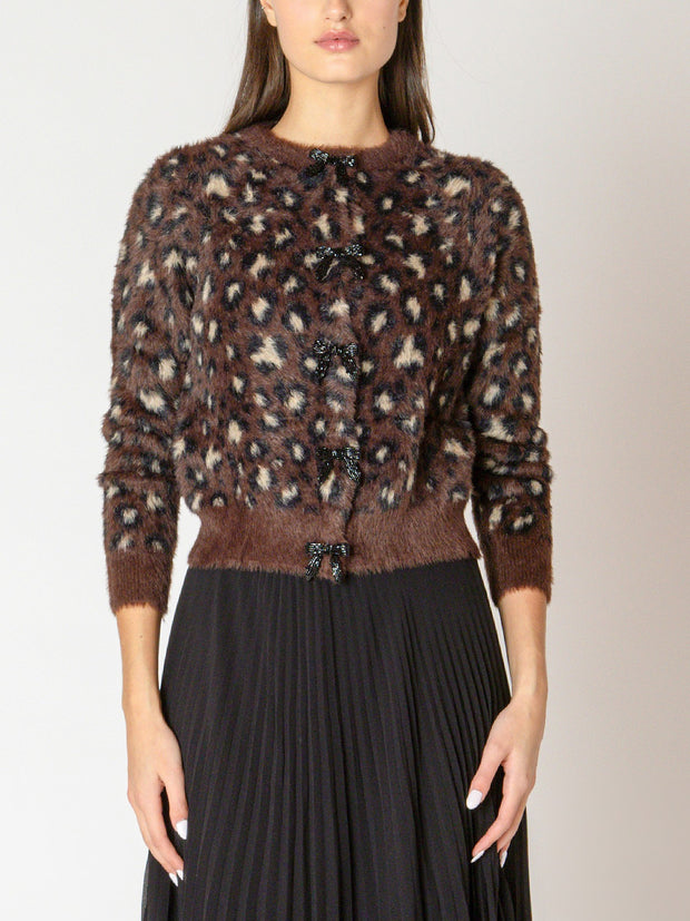 BLACK TAPE Bow Button Leopard Cardigan