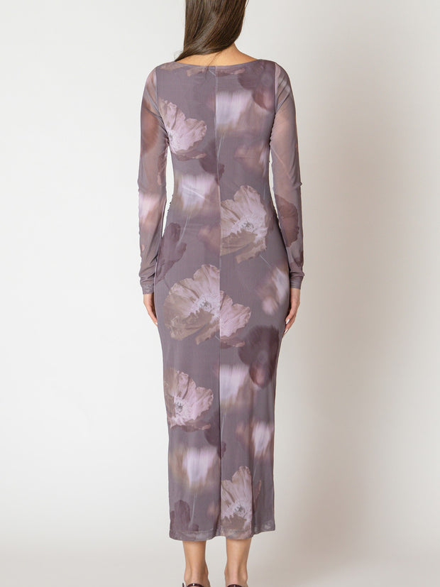 BLACK TAPE Printed Mesh Long Sleeve Maxi Dress