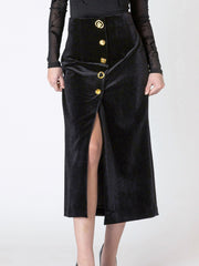 DEX Buttoned Velvet Midi Skirt