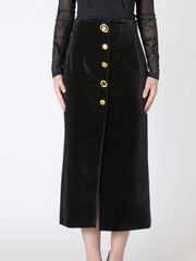 DEX Buttoned Velvet Midi Skirt