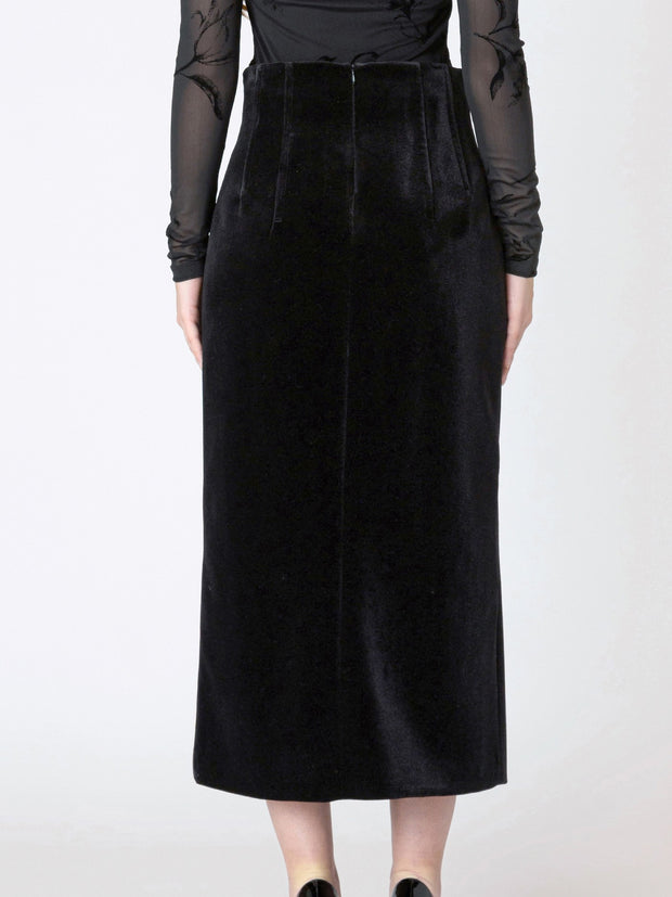 DEX Buttoned Velvet Midi Skirt