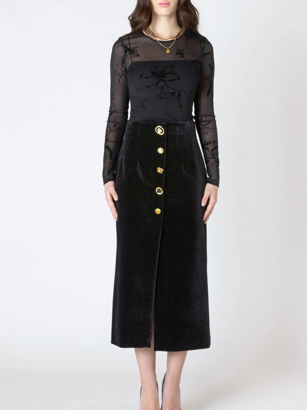 DEX Buttoned Velvet Midi Skirt