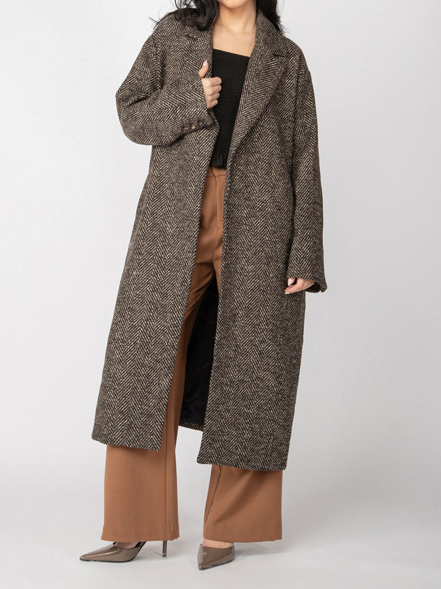 BLACK TAPE Belted Herringbone Long Coat