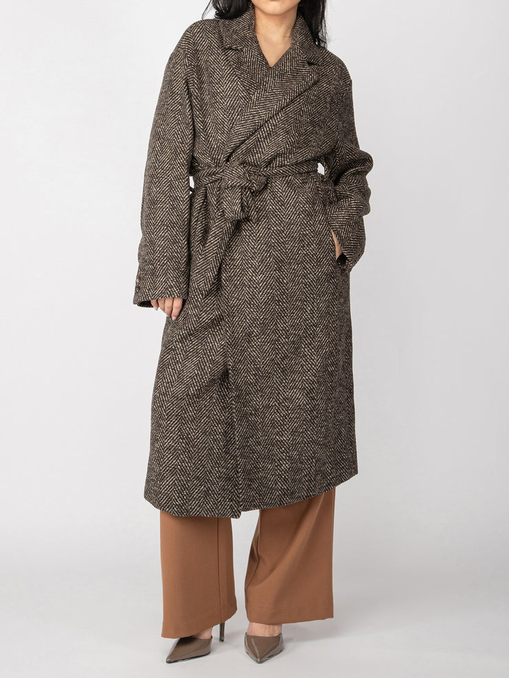 BLACK TAPE Belted Herringbone Long Coat