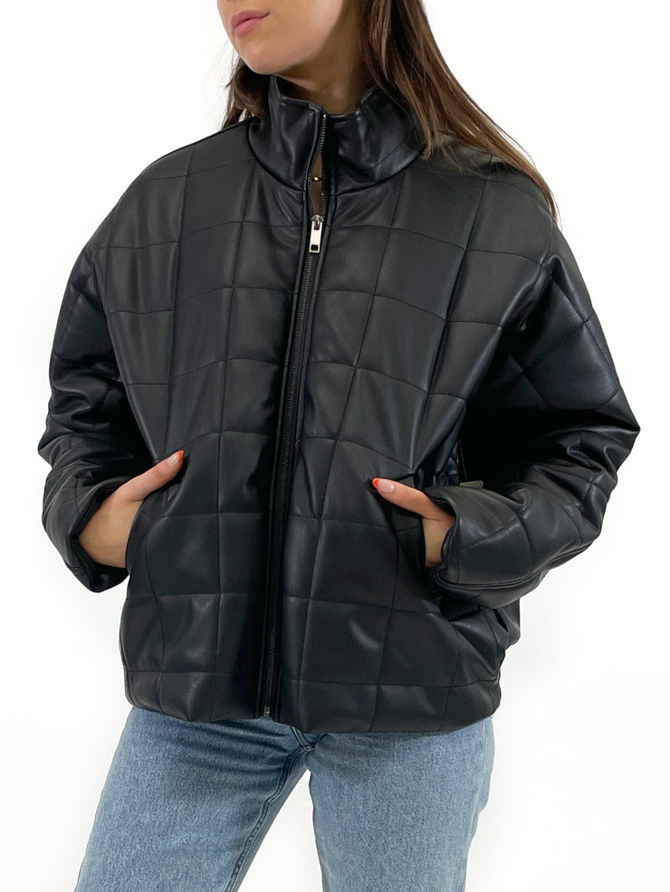 Montana Quilted Faux Leather Coat - Black